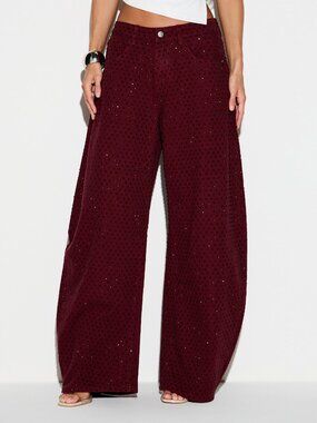 Burgundy Preppy Women's Wide Leg Jeans With Rhinestone Embellishment